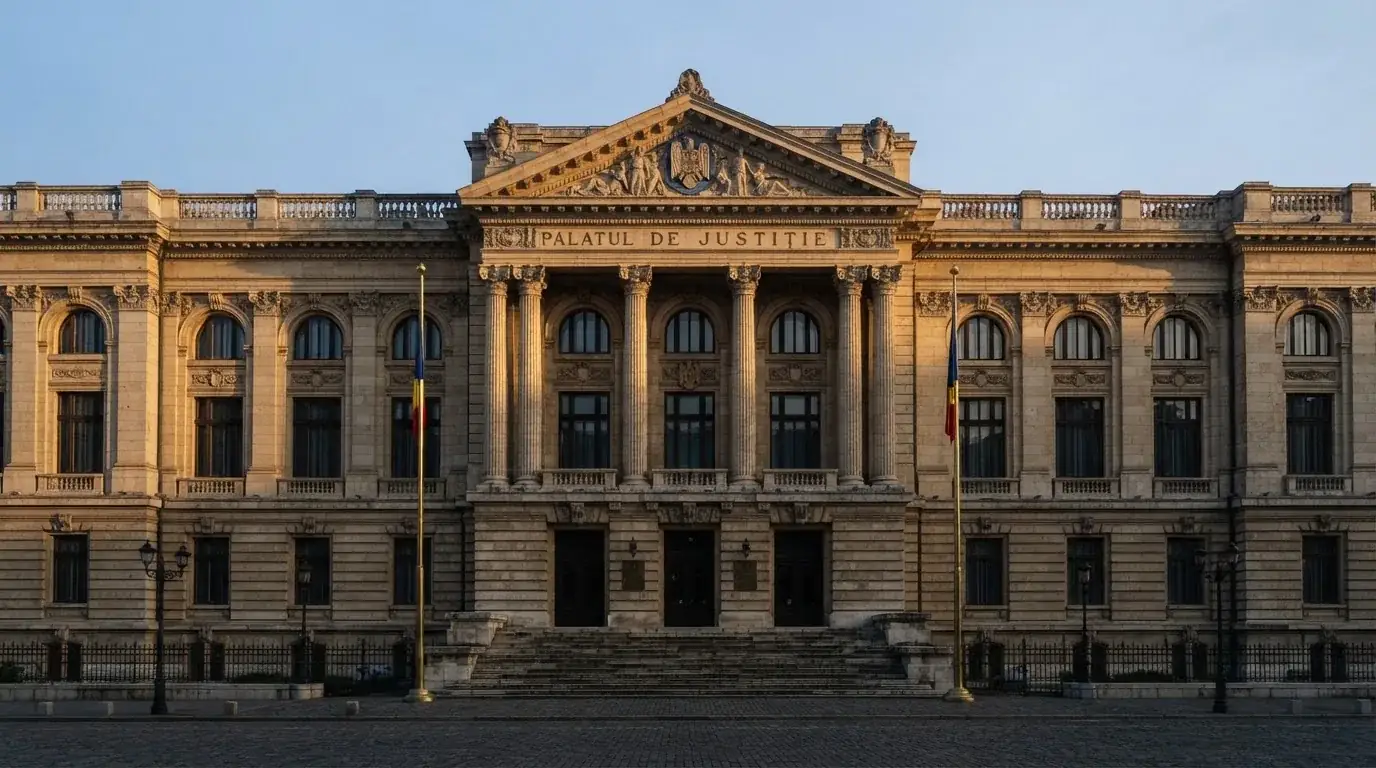 Fațada de piatră a unei clădiri guvernamentale din București, în lumina rece a zorilor — 20 rotiri gratuite în romania