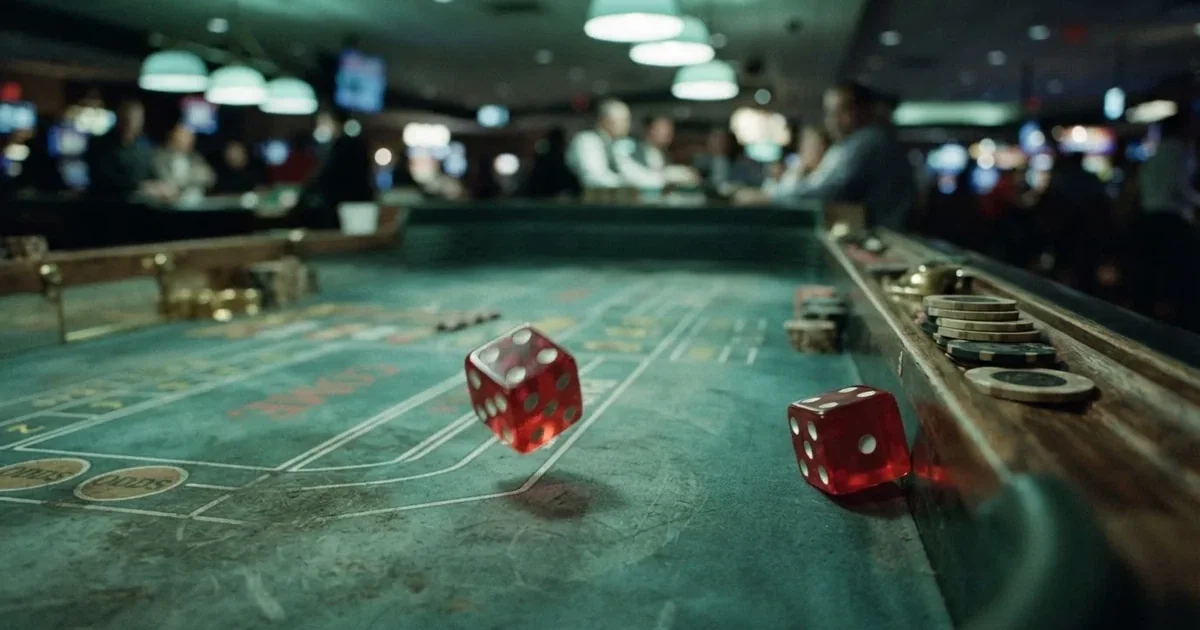 Zaruri roșii pe marginea unei mese de craps, sub o lumină verzuie — aparate de cazinou din românia