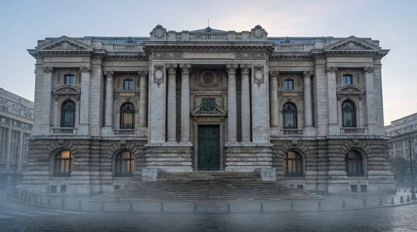 Fațada de piatră a unei clădiri guvernamentale din București, în lumina rece a zorilor — aparate de păcănele în românia