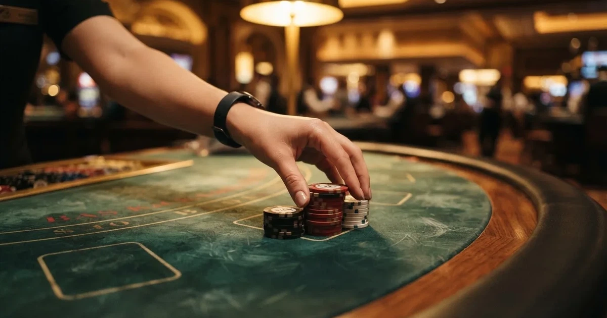 Mâini de crupier aranjând jetoane pe o masă de poker, în lumina unui spot — blackjack cu live dealeri în românia
