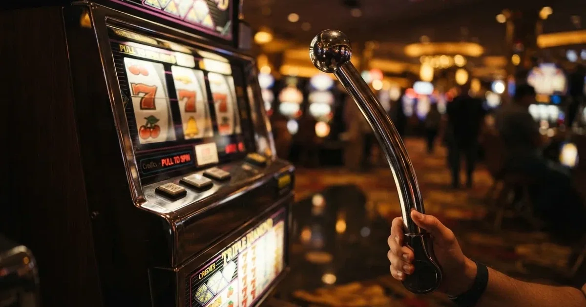 Mânerul cromat al unui automat de joc în prim-plan, cu rolele luminate în fundal — blackjack reguli pentru români