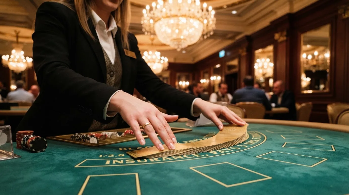 Mâinile unui crupier amestecă cărțile sub candelabrele unui cazinou elegant — blackjack reguli pentru români