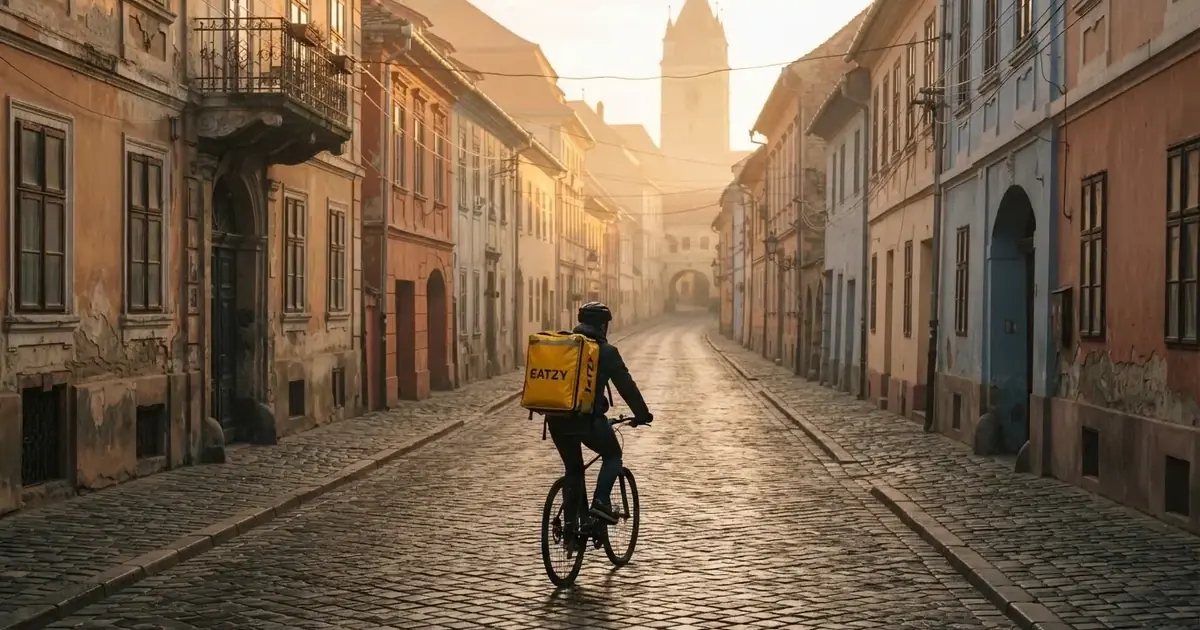 Un curier pe bicicletă cu rucsac galben pe o stradă pavată, în lumina dimineții — bune cazinouri în românia