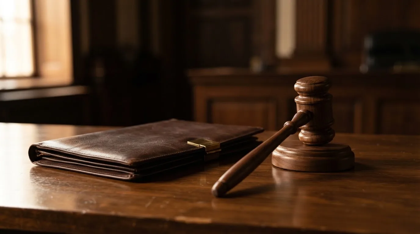 Un ciocan de judecător lângă un dosar de piele închis, pe o masă de nuc lustruit — bune cazinouri în românia
