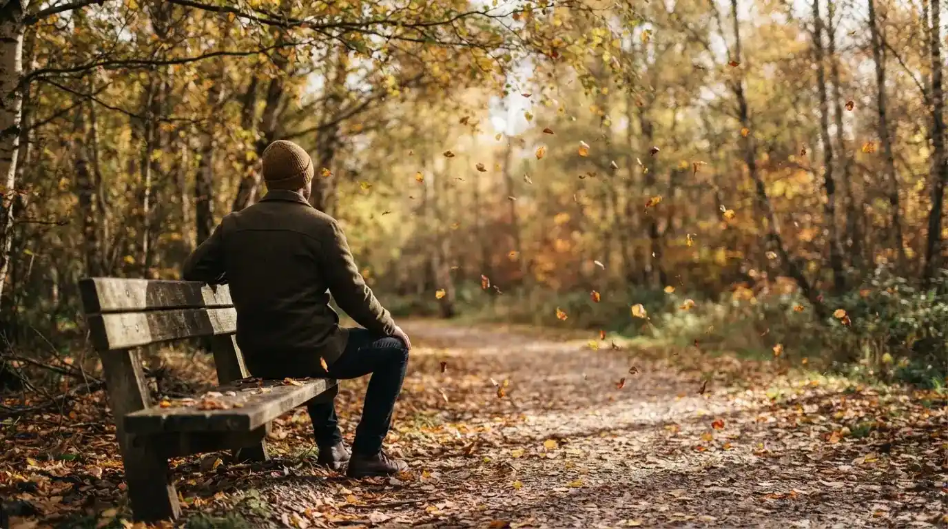 Un om pe o bancă din parc privește frunzele toamnei căzând, în lumină blândă — cazinouri fără licență în românia