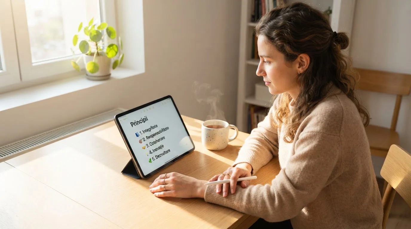 Adult tânăr stă la masa din sufragerie cu o tabletă în față și o cană de ceai, într-o cameră cu lumină naturală puternică.