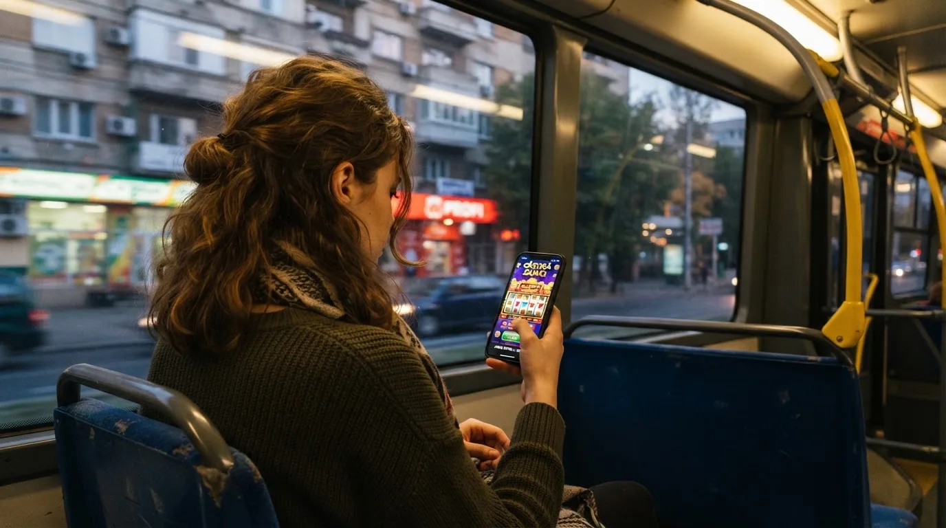 Tânără în tramvai ține telefonul cu ambele mâini și zâmbește, în timp ce afară se văd clădiri neclare în mișcare.