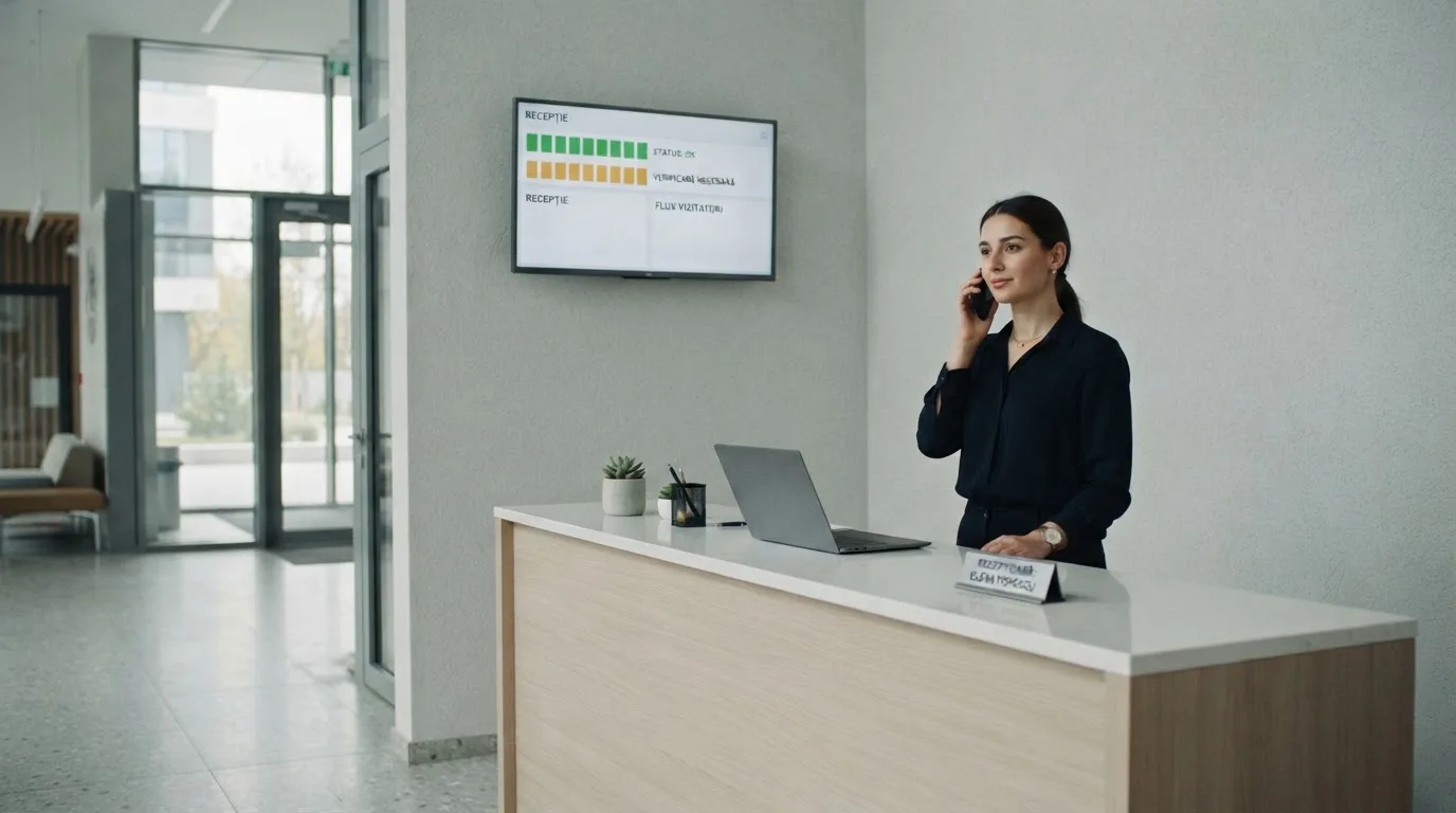 Birou de recepție într-un hol modern, cu un monitor discret pe un perete și o funcționară care răspunde la telefon.