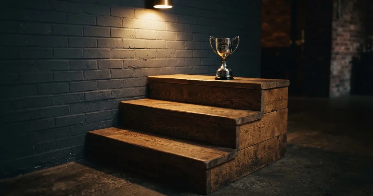 Podium de lemn cu trei trepte, iluminat de un singur spot, pe un perete de cărămidă vopsit în gri.