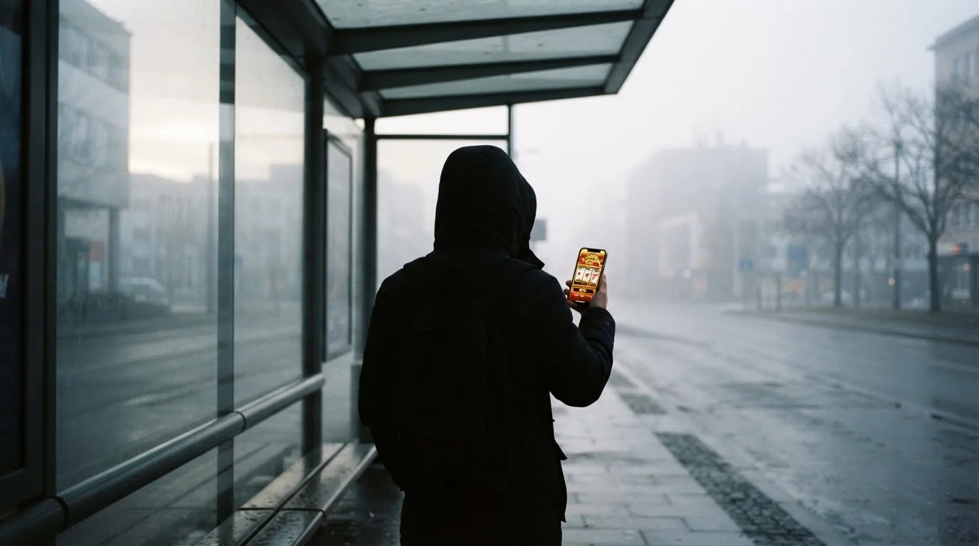 Persoană care așteaptă la o stație de autobuz și ține în mână un telefon, cu orașul în ceață în fundal.