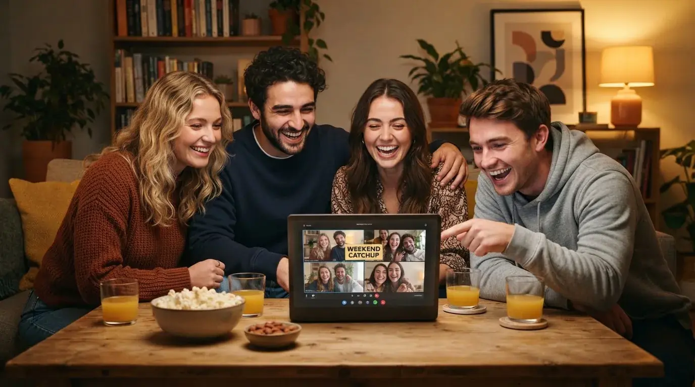Grup de prieteni râde în jurul unei mese de living, cu gustări pe masă și un laptop deschis în centru.