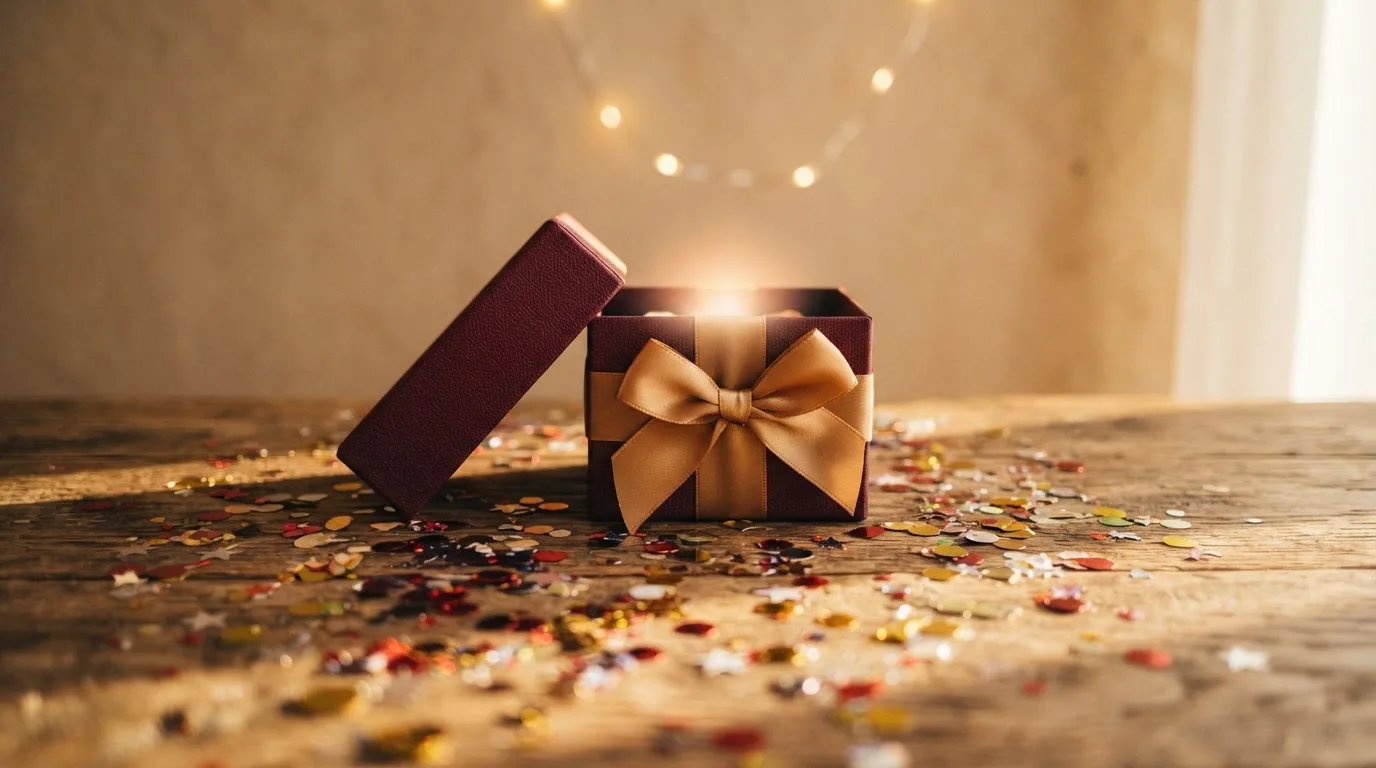Cutie mică de cadou cu panglică aurie, deschisă pe o masă, cu confetti colorat împrăștiat în jur.