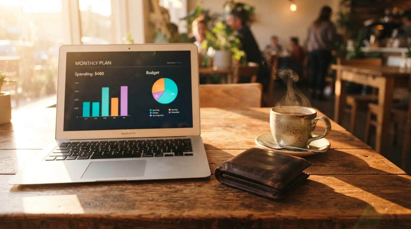 Laptop deschis pe o masă de cafenea, lângă un portofel de piele și o cană, cu lumina după-amiezii pe suprafața mesei.