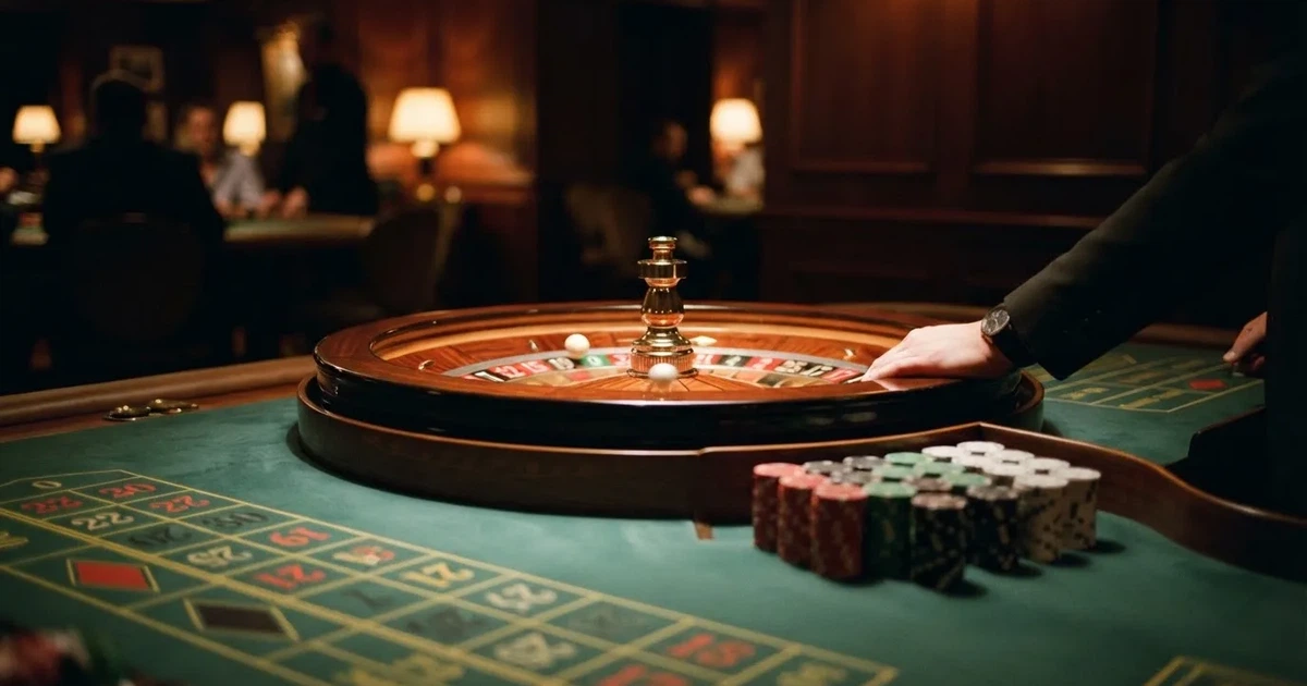 Un crupier în vestă neagră împarte cărți la o masă de blackjack, sub spoturi calde — jocuri de ruletă în română