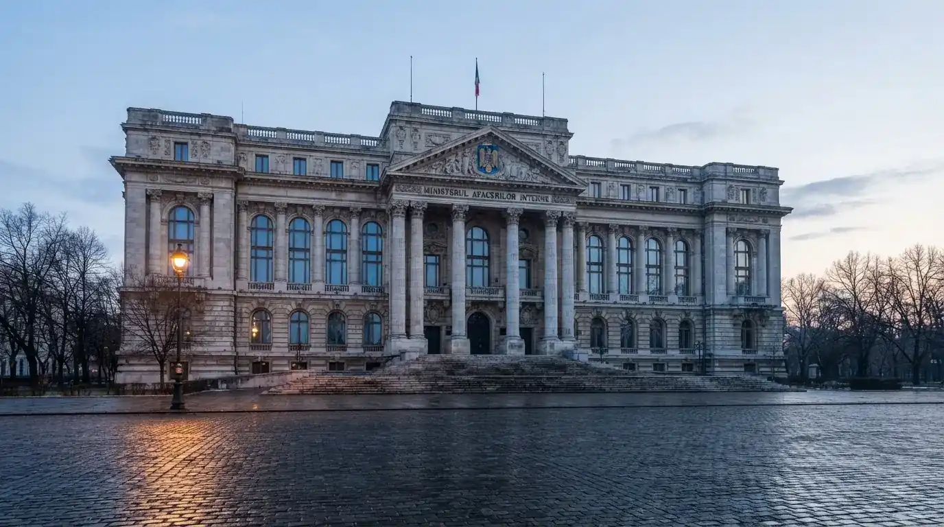 Fațada de piatră a unei clădiri guvernamentale din București, în lumina rece a zorilor — jocuri de ruletă în română